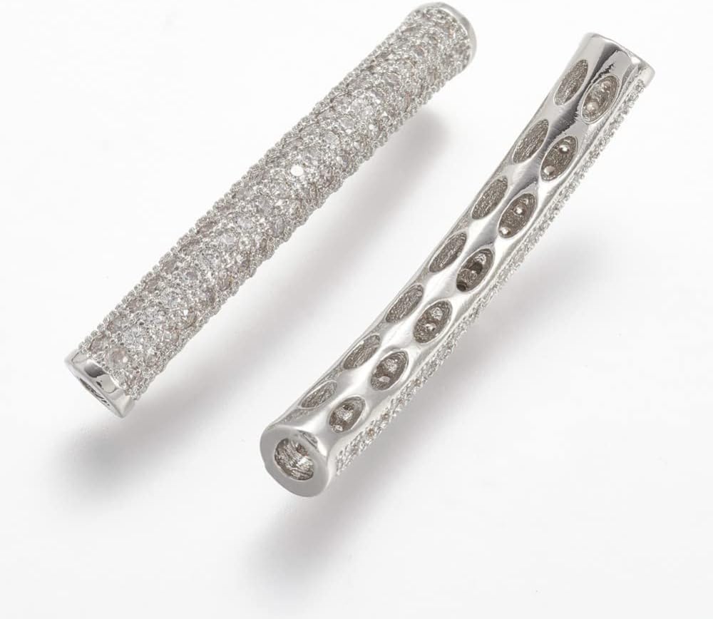 Beadthoven 10pcs Brass Micro Pave Cubic Zirconia Tube Beads 31.5x4.2mm Platinum CZ Stone Curved Tube Metal Beads Loose Spacers for Bracelet Necklace Jewelry Making DIY Crafts