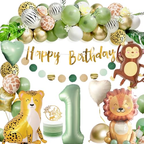 Dargds Decoração de aniversário de 1 ano, selva, balões verdes safari, decoração infantil com Wild One para 1 aniversário