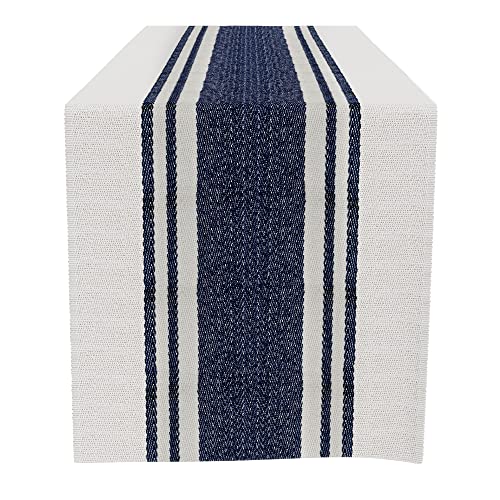 Barnyard Designs Herringbone Striped Table Runner, 100% Cotton, Rustic Farmhouse Style Decor, For Dining, Console Or Entry Table Decoration, Navy/Ivory, 14” X 72” #TOP17