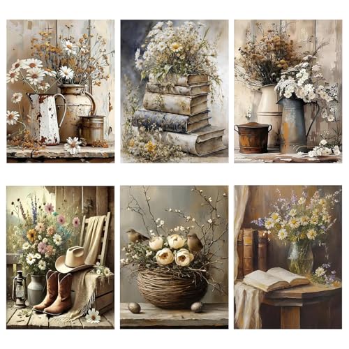 AOSGEDY 6 Pack Paint by Numbers Kit for Adults Beginner, Vintage Flower Adult Paint by Number Kits on Canvas, Flowers DIY Acrylic Oil Painting by Numbers Kits, Perfect for Home Decor 10 X 14 Inch