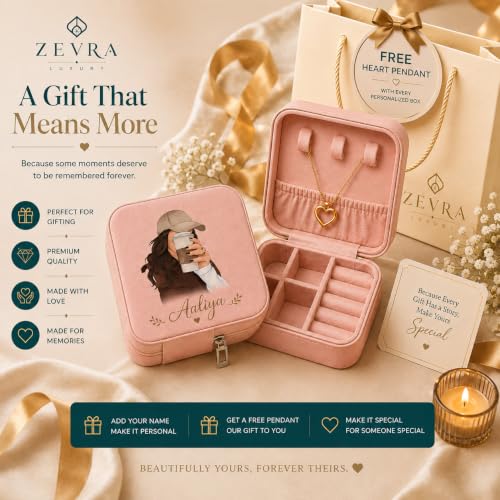 Image of Customized Jewellery Gift Box with free 1-Piece Jewellery Set Mini Jewellery Organizer for Women - Custom Name Jewelry Storage Box with heart pendent, PU Leather Travel case