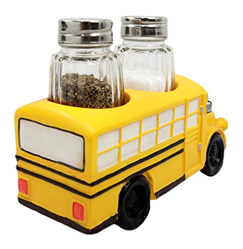 Ebros Gift Novelty North American Yellow School Bus Decorative Glass Salt Pepper Shakers Holder Resin Figurine 6"L Decorative Bar Countertop Dining Table Accent #TOP3