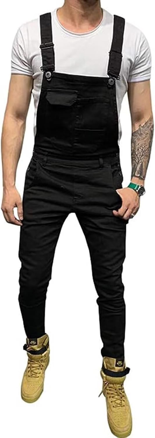 Men's Denim Bib Overalls Slim Fit Jumpsuit Fashion Jean Overall Skinny Romper with Pockets