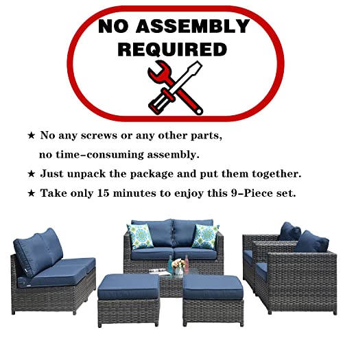 Xizzi Patio Furniture Set, No Assembly 9 Pcs Big Size Outdoor Sectional Sofa All Weather Pe Rattan Wicker Outdoor Furniture With 2 Pillows,Grey Wicker Denim Blue #TOP1