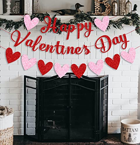 Image of Festiko Kid Red Glittery Happy Valentine's Day Banner and Red Pink Glittery Hearts Banner Valentine's Day Banner Garland with Heart Signs Valentines Day Party Decorations for Valentines Party Supplies