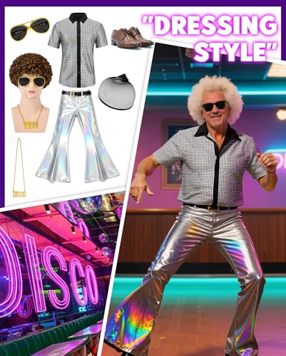 Image of Zando Afro Wig Men 70s Disco Costume - 4pcs Set(Wig+Glasses+Disco Necklace+Wig Cap) Short Brown Curly Natural Synthetic Hair 70s 80s Outfit for Hippies Cosplay Halloween Party