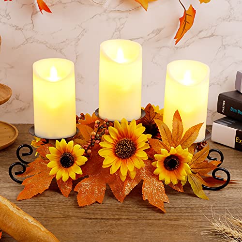 Forup Harvest Centerpiece, Thanksgiving Candle Holders, Thanksgiving Tabletop Sunflower Centerpiece With 3 Candle Holders, Metal Maple Leaf Candleholder For Home Party Thanksgiving Mantel Decorations #TOP6