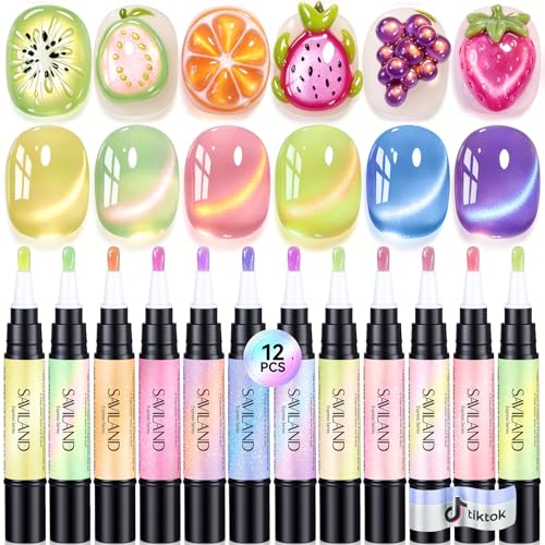 Image of SAVILAND One Step Gel Nail Polish Pens, 12 Colors Color-Shift Cat Eye