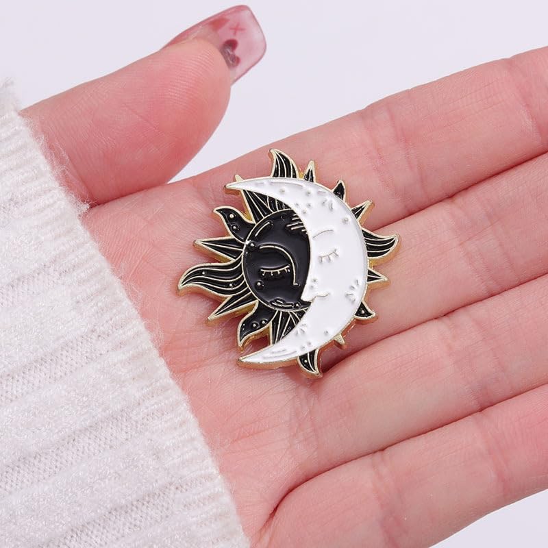Image of Moon Sun Face Brooch Pin Cartoon Flaming Sun Badges Enamel White Moon Black Sun Corsage for Hat Bag T-shirt Decors