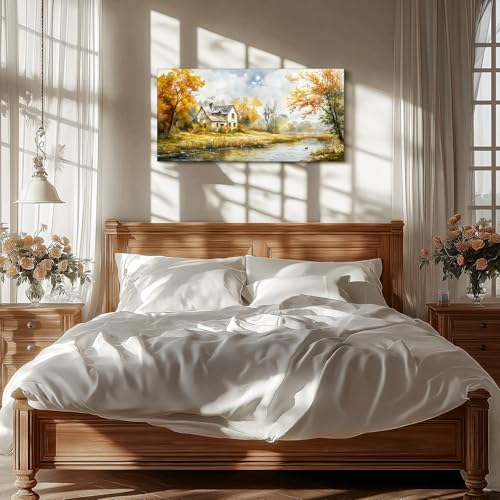 SERIMINO Rustic Landscape Large Wall Art, Forest Lake Cottage Painting Art Prints, Countryside Autumn Scenery Home Decor Artwork, Nature Canvas Wall Pictures for Living Room Bedroom Farmhouse 20"X40"