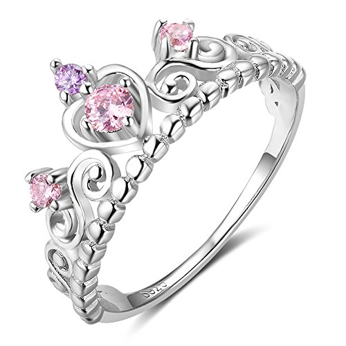 925 Sterling Silver Princess Heart Crown Pink & Purple CZ Band Ring, Size 6 7 8