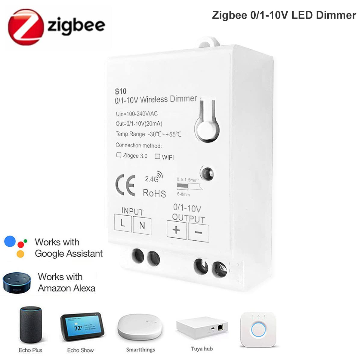 Zigbee 3.0 0/1-10V LED Dimming Controller Timing Auto Switch Functions. Compatible with Tuya Zigbee 3.0 Hub, SmartThings, Echo Plus, and Z2mqtt. Home Assistant for 0-10V / 1-10V dimmable LED Drivers