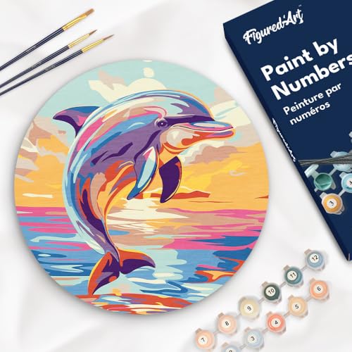 Figured'Art Peinture par Numéro Adulte sur Disque en Bois de 30cm de diamètre - Dauphin - Kit de Loisir Créatif DIY Numéro d'Art Complet