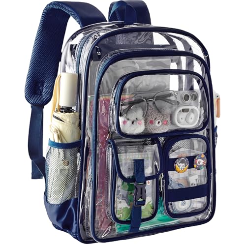 Image of Three-layer Clear Backpack, Heavy Duty Clear Bookbag for Kids, See Through Backpack Transparent Bag for Girls Boys (Navy)