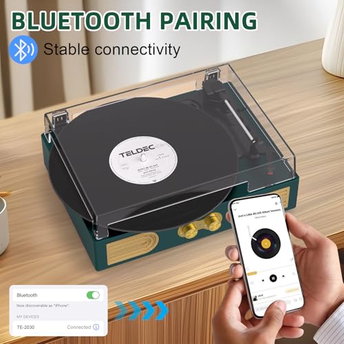 Image of Vinyl Record Player Vintage 3-Speed Turntable with Built-in Stereo Speakers, Bass /Treble Control, Headphone Jack, RCA Output,AUX Input, Belt-Driven LP Player, Green