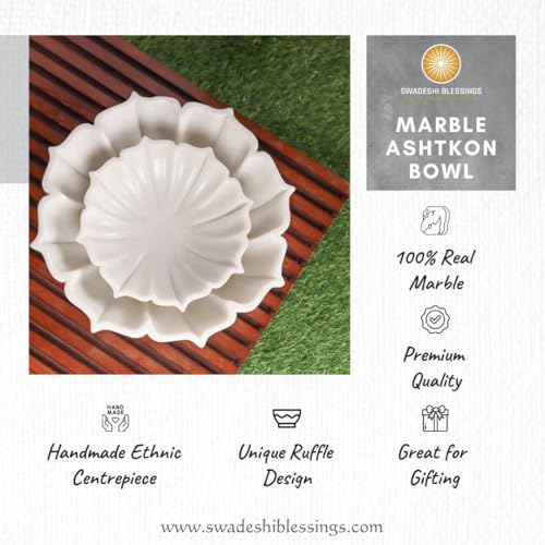 Image of SWADESHI BLESSINGS Handcrafted Marble Lotus Urli Bowl for Home Decor | Traditional Decorative Bowl for Floating Flowers, Potpourri & Festive Decor Items | Pooja Decoration | Wedding /Return Gifts, 9 inch