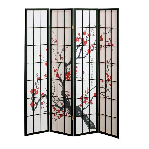 Home Decorators Collection 4 Panel Cherry Blossom Design Room Divider, 4-Panel, Black