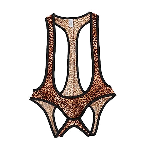 Men's Leopard Print Suspender Wrestling Singlet Bodysuit One-Piece Jockstrap Leotard