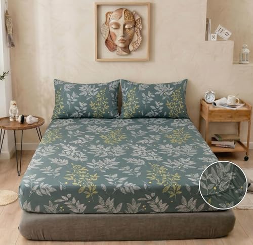 Image of VAS COLLECTIONS Cloud Cotton Corner Elastic Fitted Double Bedsheet Set (78 x 72 + 8 Inches) with 2 Pillow Covers | 160-180 TC Soft Breathable Cotton Fitted Sheet | Bed Sheet (Botanical Sage)