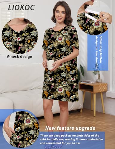 Image of Hospital Gowns for Women Open Back Tear Away Snap Post shoulder Dress Short Sleeve Soft Adaptive Clothing with Pockets