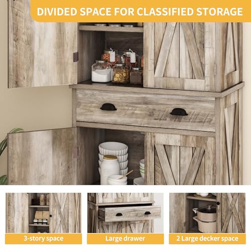 DWVO 72'' Farmhouse Kitchen Pantry, Rustic Wood Kitchen Storage Cabinets with Adjustable Shelves & Drawer, Tall Freestanding Cupboard for Dining Room, Living Room, Retro Gray