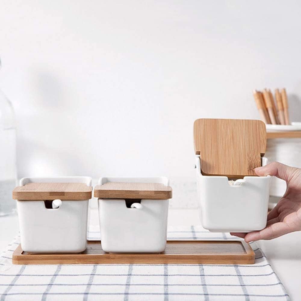 Zuccheriera creativa in ceramica con cucchiaio e coperchio in legno contenitori da cucina per spezie