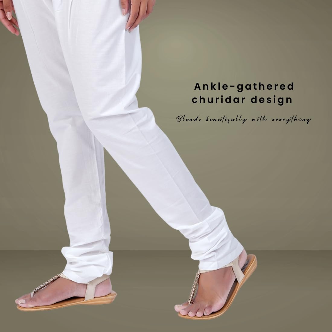 Happy Bunny Women’s Cotton Gathering Churidar Pants - Ethnic Gathereing Ankle, Drawstring Waist Bottoms for Kurtas, Office, Party, Casual Clothing (LG, Blanco White) - Image 3 thumbnail
