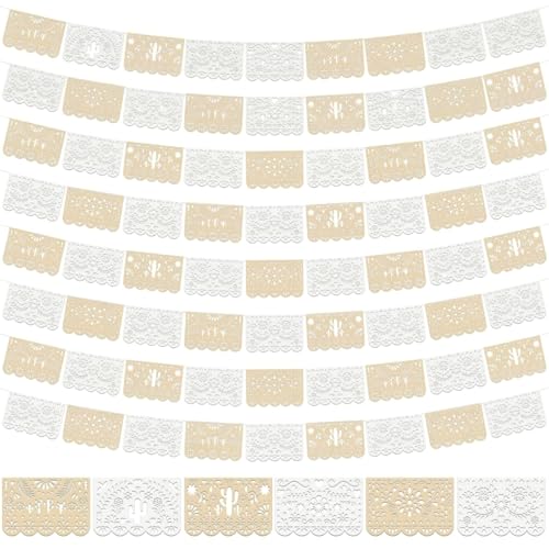 Tiamon Papel Picadoバナーガーランド プラスチックメキシコパーティーデコレーション フィエスタ、Cielito Lindo Cinco de Mayo、ベビーシャワー、死者の日、屋内屋外吊り下げ装飾(ホワイトライトブラウン)の商品画像（Amazon）
