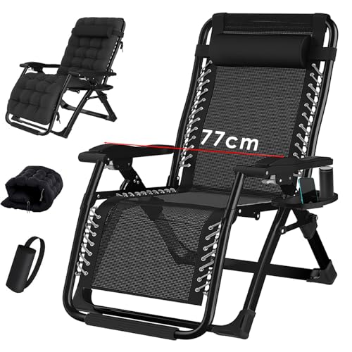 Chaise longue de jardin pliable - Camping - Fauteuil réglable - Dossier haut - Détente - 200 kg - Noir - 77 cm