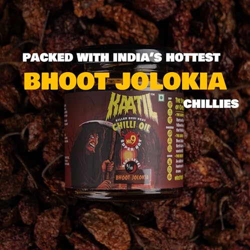 Image of Kaatil Hot Chilli Oil No.9 | Super Hot Bhoot Jholokia Chilli Garlic Crisp | Dip, Drizzle, Spread, Marinade, Coat, Saute, Stir-fry | Flavourful Heat | Made in India | Vegan | 170 GMs
