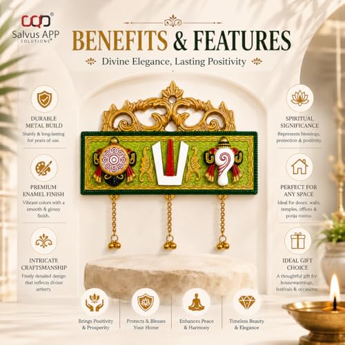 Image of Salvus APP SOLUTIONS Traditional Tirupati Shankh Chakra Namah Door Wall Hanging with Metal Latkan for Home, Temple & Office Decor | Religious Housewarming Gift | Green Multicolor, 7 x 6.5 Inch