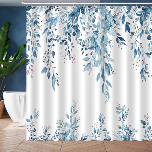 Image of Eucalyptus Shower Curtain, Aesthetic Art Watercolor Plant Leaves with Floral Bathroom Decor, Waterproof Fabric Cloth Bath Curtain Set with Hooks (Blue, 72 inch W x 72 inch L)