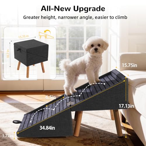 Image of Dog ramp for Small Dogs, 2-in-1 Pet Steps & Ottoman - Foldable Dog ramp for Couch, Non-Slip Wooden Pet ramp for Puppy Senior Injured Dogs (Matte Black, XL(17.13H))