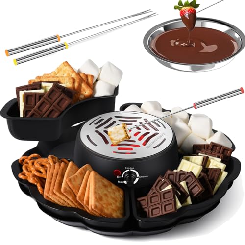 Chocolate Melting Pot, 12-ounce Electric Small Hot Chocolatier Cheese Machine with 4 Detachable Trays, 4 Roasting Forks and 1 Heated Bowl, Fondue Pot Set for Graham Crackers, Chocolate, Marshmallows Chocolate Melting Pot, 12-ounce Electric Small Hot Chocolatier Cheese Machine with 4 Detachable Trays, 4 Roasting Forks and 1 Heated Bowl, Fondue Pot Set for Graham Crackers, Chocolate, Marshmallows