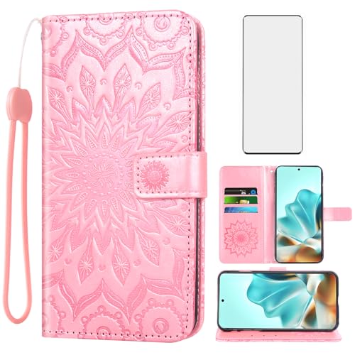 Protection Moto Edge 60 or rose avec motif tournesol et film écran