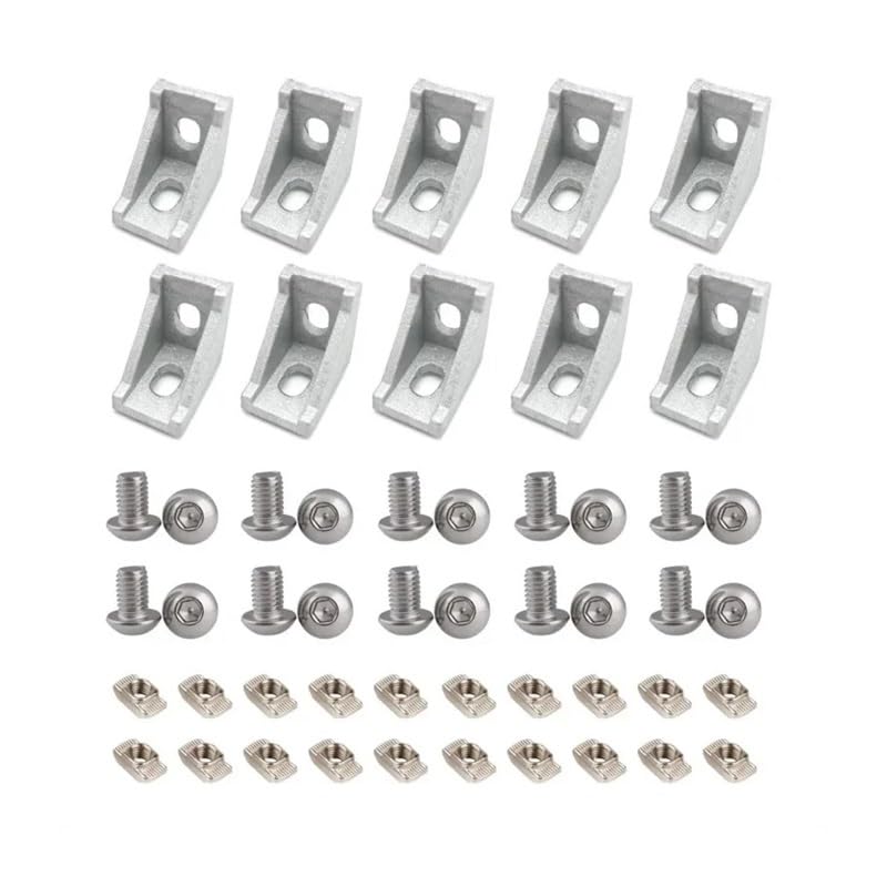 Aluminiowe złącze profilowe, 10 szt. 2080 wspornik narożny + 20 szt. 20 serii M5 nakrętki T-slot + 20 M5x8mm nasadka nasadki sześciokątnej (2028 srebrny-50)