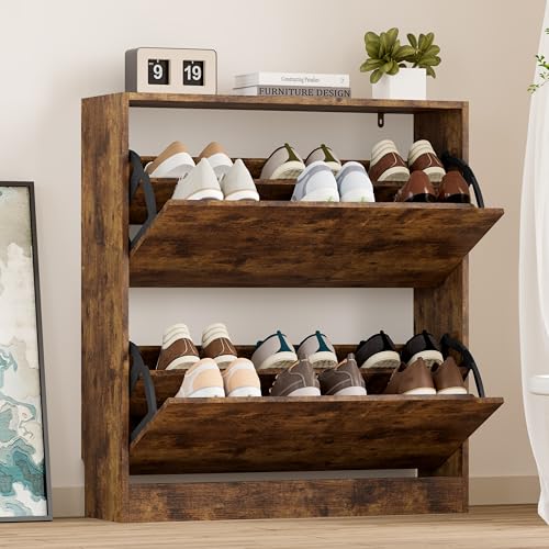 Image of BORNOON Shoe Cabinet with 2 Flip Drawers, Slim Narrow Shoe Storage Cabinet, Freestanding Shoe Organizer with Adjustable & Removable Shelves, Top Display Shelf for Entryway, Hallway, Foyer, Closet