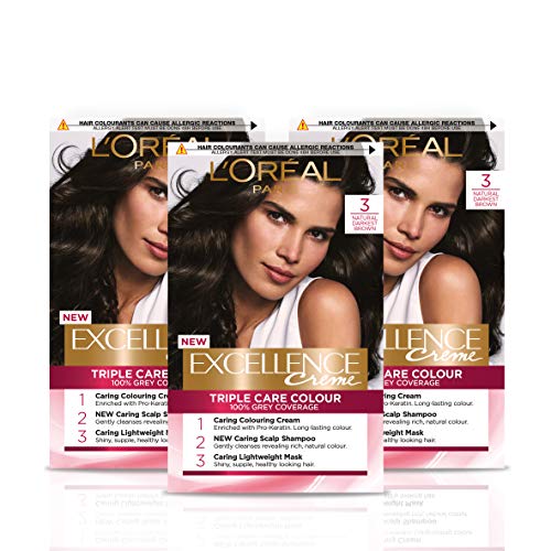 L'Oréal Paris Excellence Crème Permanent Hair Dye, Radiant At-Home Hair Colour with up to 100% Grey Coverage, Pro-Keratin, Up to 8 Weeks of Colour, Pack of 3, Colour: 3 Natural Darkest Brown