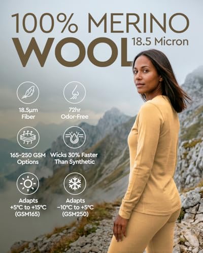 Image of MERINNOVATION Merino Wool Base Layer Set for Women 100% Merino Wool Thermal Underwear Sets Lite - Midweight Top Tank Bottom