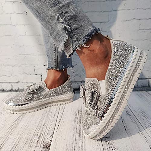 HINDOLA Women's Platform Rhinestones Glitter Sneaker Cute Bow Slip On Comfort Sequin Shiny Flat Loafers Casual Walking Shoes3