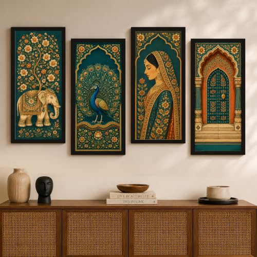 Image of PAINTINGMANTRA Royal Peacock & Elephant Framed Wall Art Painting For Living Room | Traditional Heritage, Peacock, Elephant Painting with Frame for Living Room, Bedroom, Set of 4, Size- 9.5x19.5 In