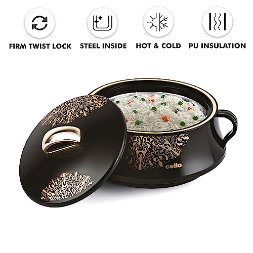 Image of CELLO Midas Casserole Hot Pot Box for Daily Use & Kitchen 1500 ml, Black | BPA Free Serving Inner Steel Insulated Food Grade Airtight Sturdy Handle Casseroles Case Set for Roti Chapati Rice Biryani