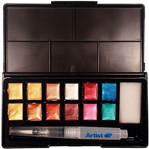 Start Acuarela Caja PLÁSTICO 12 Pastillas Colores METÁLICOS + Pincel RELLENABLE