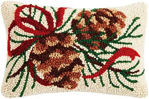 Peking Handicraft Balsam Ribbons Pinecones Christmas Mini Hooked Wool Pillow - 8" x 12"