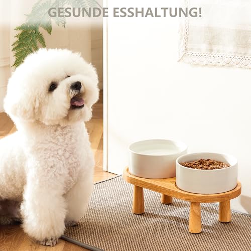 MOPANG Hundenapf Erhöht für Mittelgroße und Kleine Hund, 15 cm Hundenapf Keramik mit Holzständer, 850 ml*2, ElfenbeinWeiß