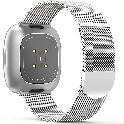 Higgs Strap Compatible with Fitbit Versa 3/4, Sense 2 - Dual Magnetic Adjustable Metal Strap for Women & Men, Silver