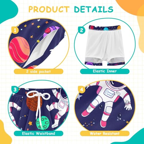 Boy Swim Trunks with Compression Liner Astronauts Space Pattern Boys Swim Shorts Quick Dry Beach Shorts4