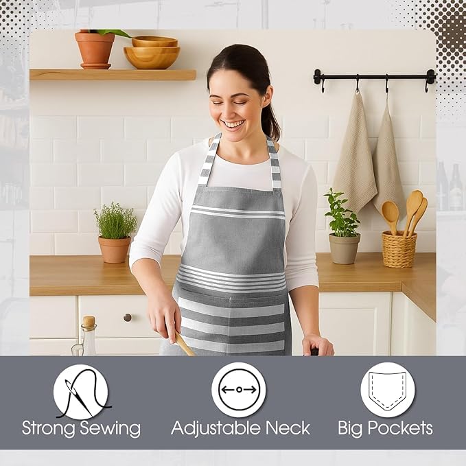 Image of Unisex Cooking Aprons | Waterproof Apron | Striped Design with 2 Front Pockets & Adjustable Neck Strap | Durable, Oil & Stain Resistant | Chef Apron for Cooking