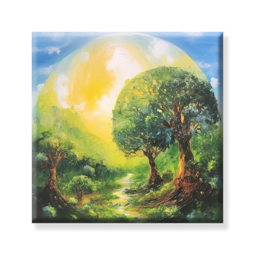 Image of EXSHA Vibrant Fantasy Forest Canvas Wall Painting with Radiant Sun & Lush Green Trees|Serene Nature Landscape Art for Living Room, Bedroom, Office Decor|Nature Painting for Wall Decoration|24x24 Inch