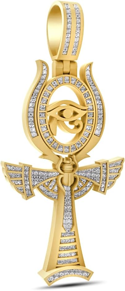 Real Genuine Authentic Natural Diamonds 0.75 Cwt. 14K Gold Finish Ankh Cross Evil Eye Of RA Beetle Scarab Charm Pendant Chain Neckless 25+ Grams Bold 2.75 Inch.